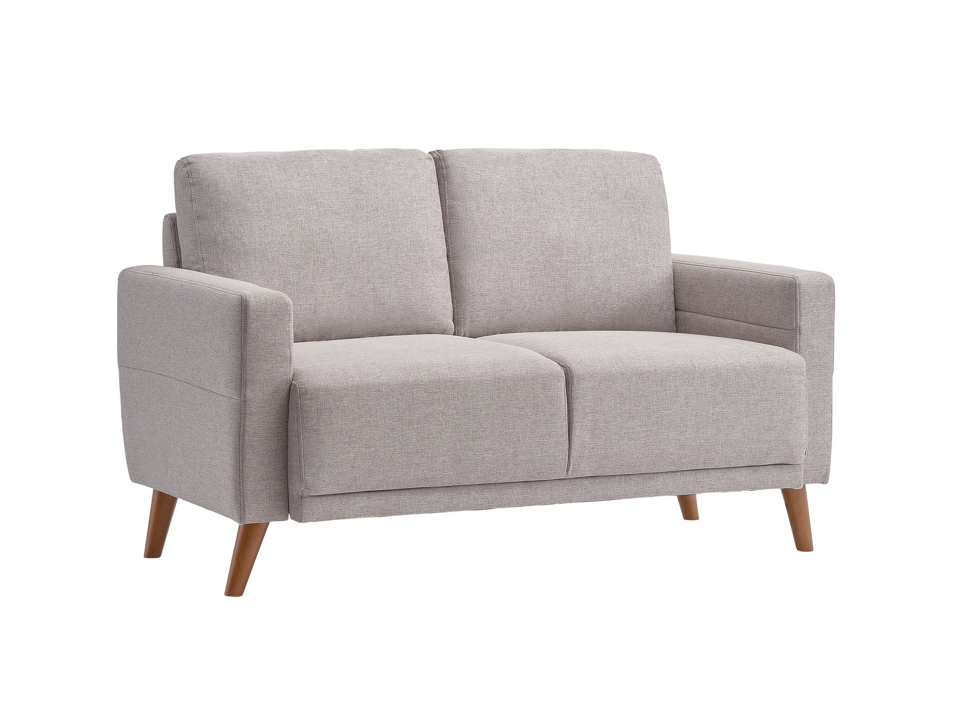 Modern gray 2-seat loveseat with tufted backrest, wooden legs, and plush cushions. Ideal for contemporary living rooms, made from durable fabric for comfort and style.