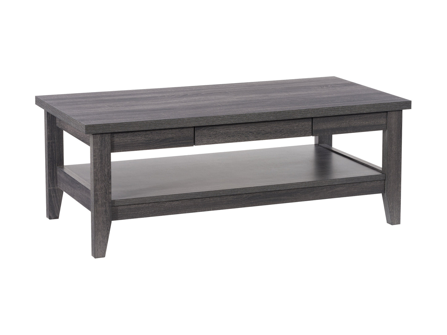 Modern wooden coffee table with a sleek black metal frame, featuring a rectangular natural wood top and lower shelf, perfect for living room decor and storage.