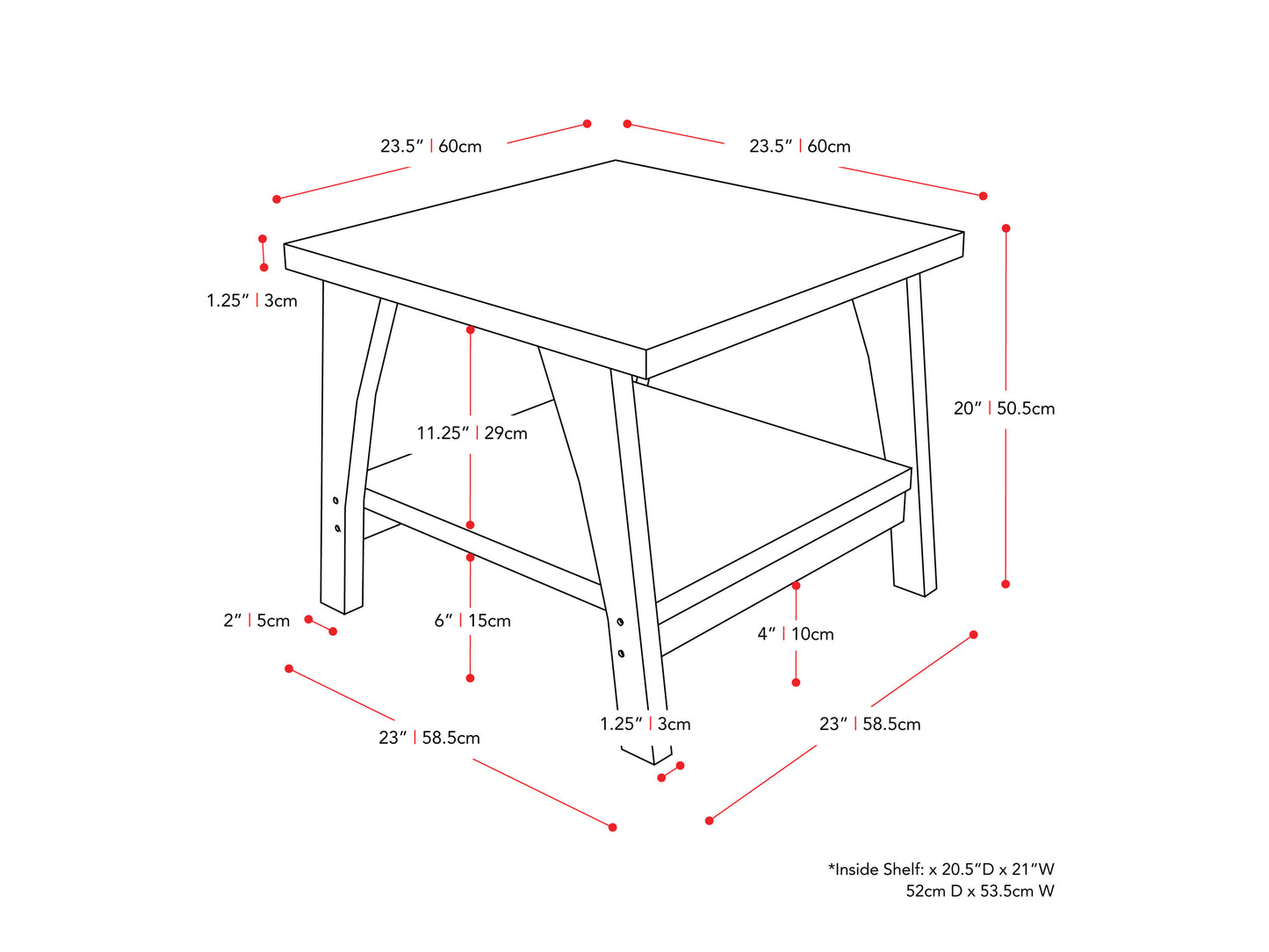 Modern square end table with a sleek black metal frame, light wood top, and lower shelf for extra storage. Ideal for living rooms or bedrooms, offering minimalist design and functional elegance.