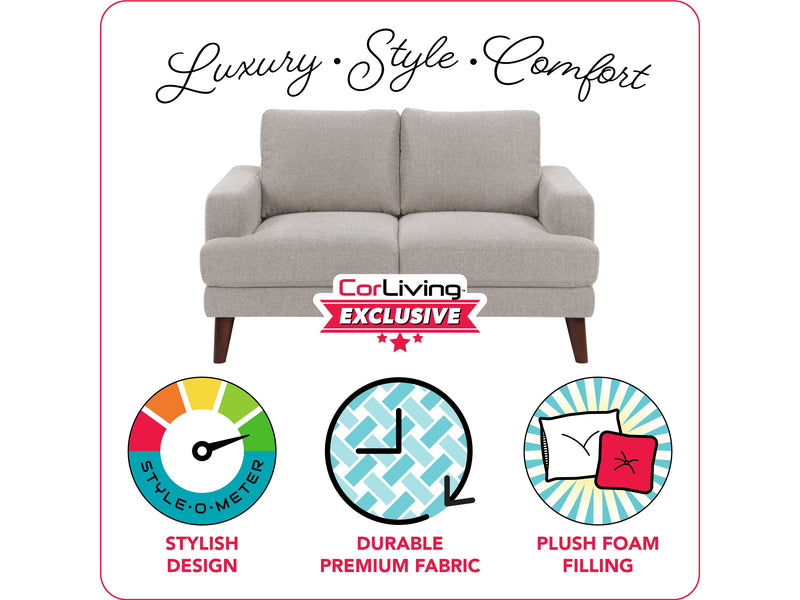 light grey Modern Loveseat Paris Collection infographic by CorLiving