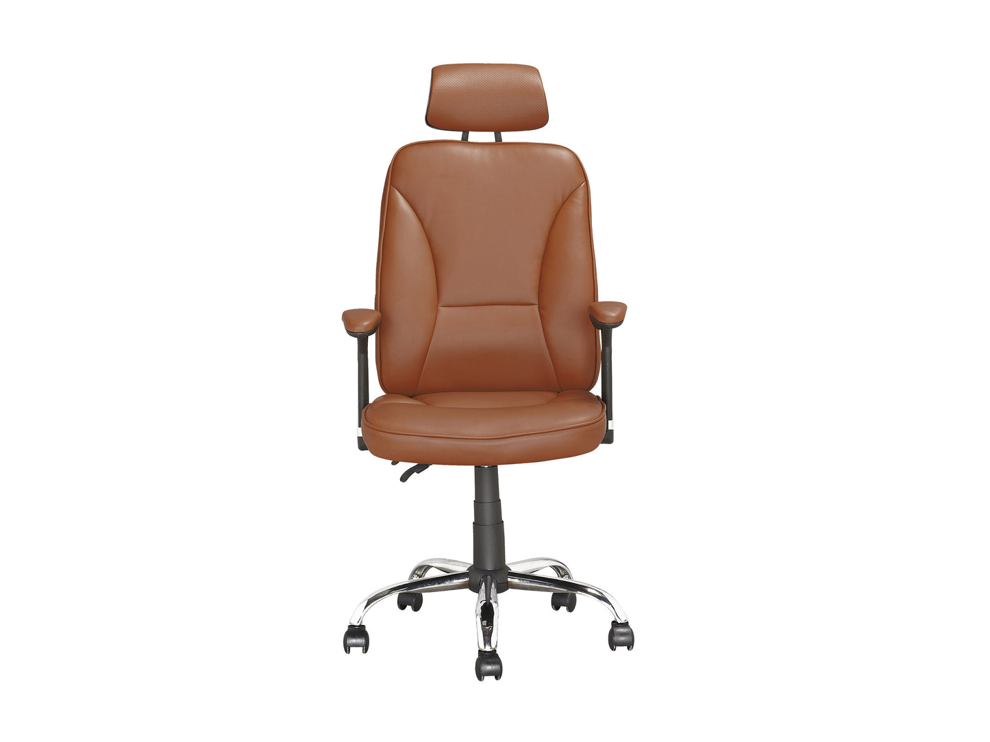 Modern office chair with ergonomic design, featuring a high backrest, adjustable armrests, and cushioned seat in black leather. Sleek chrome base with five caster wheels for easy mobility. Perfect for home or office use.