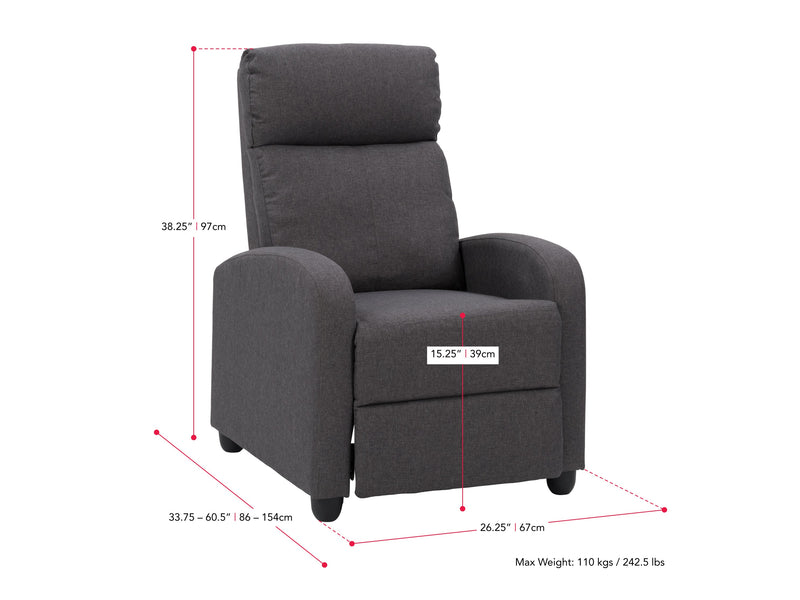 dark grey Push Back Recliner Ophelia Collection measurements diagram by CorLiving