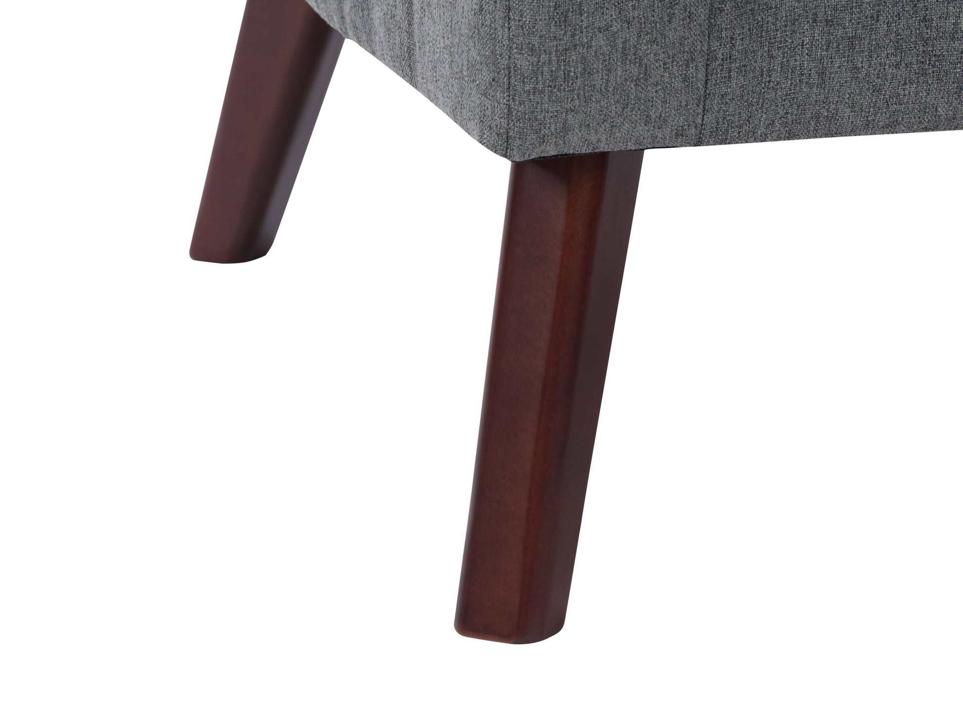 Gray upholstered tub chair with curved backrest, padded seat cushion, and sleek wooden legs. Perfect for living rooms or offices, offering stylish comfort and modern design.