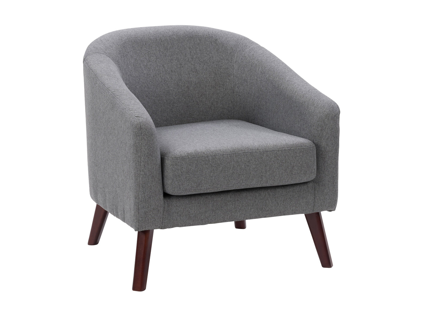 Mid-century modern accent chair with walnut wood frame, light gray upholstered seat and backrest, featuring sleek lines and minimalist design. Ideal for living rooms or home offices.