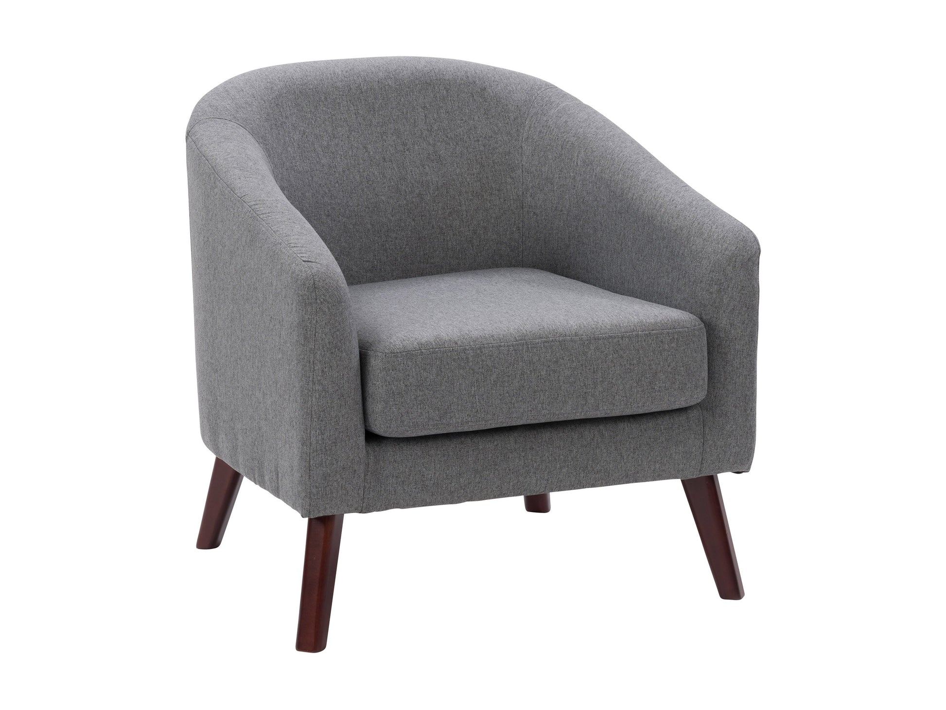 Mid-century modern accent chair with walnut wood frame, light gray upholstered seat and backrest, featuring sleek lines and minimalist design. Ideal for living rooms or home offices.