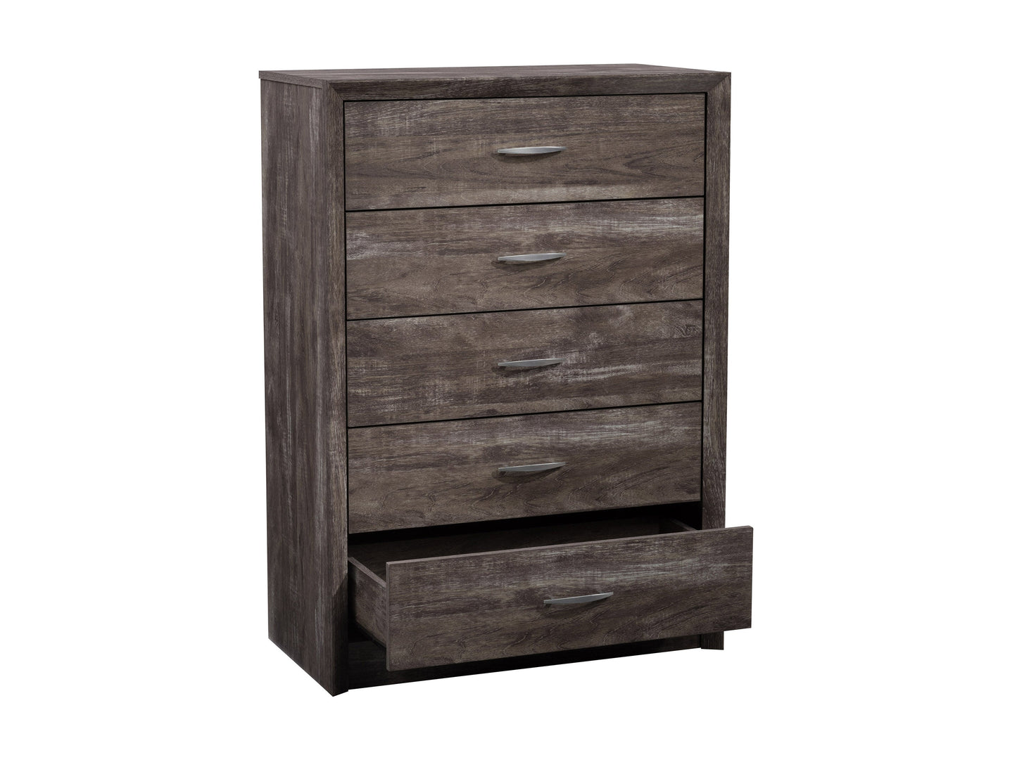 Mid-century modern wooden dresser with six drawers, featuring a walnut finish, sleek metal handles, and tapered legs. Ideal for bedroom storage and organization.