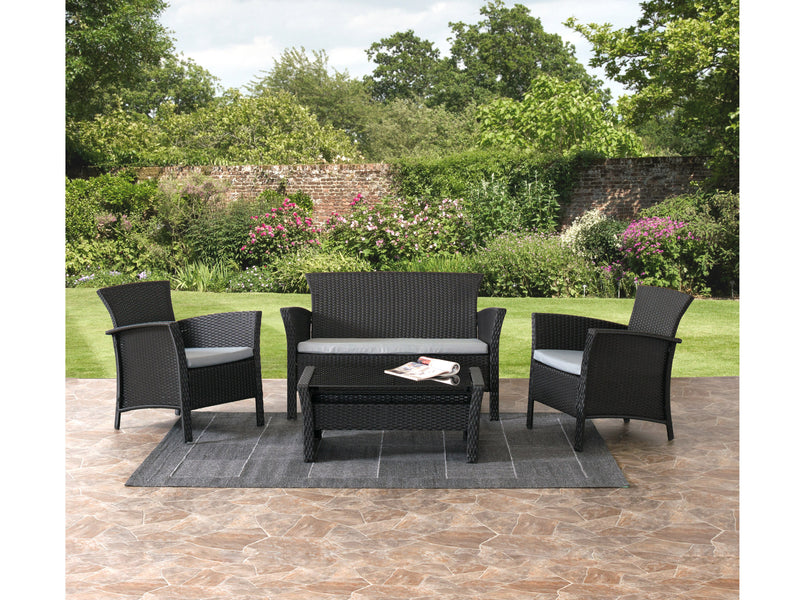 light grey Black Wicker Patio Set, 4pc Cascade Collection lifestyle scene by CorLiving