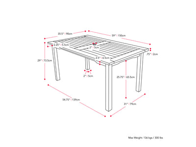 brown Outdoor Wood Dining Table Miramar Collection measurements diagram by CorLiving#color_miramar-brown