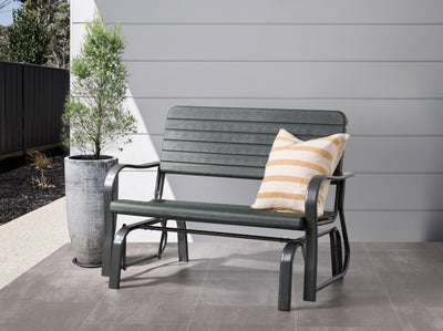 dark green Gliding Bench Lake Front Collection lifestyle scene by CorLiving#color_dark-green