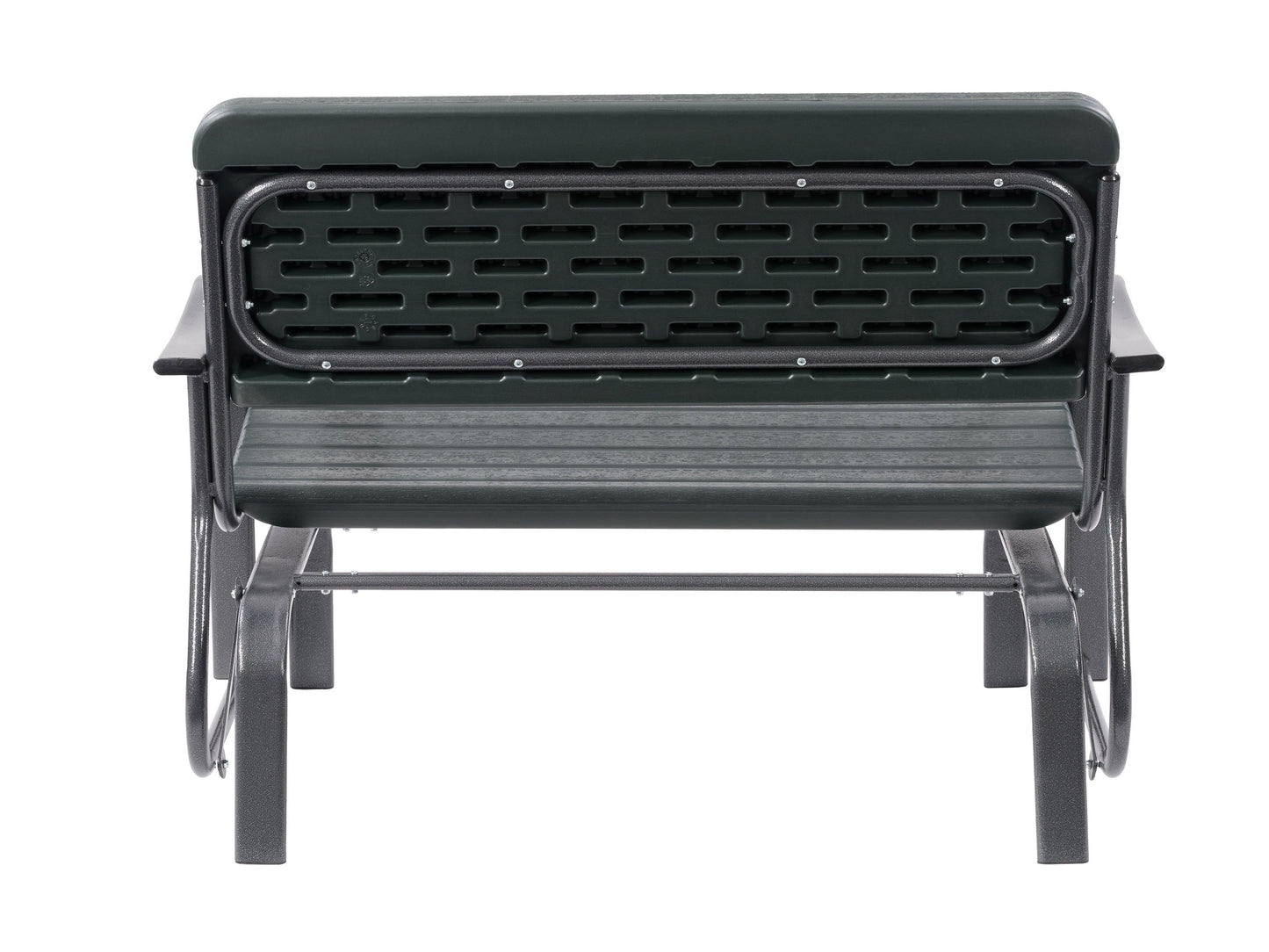 Modern patio gliding bench with sleek, curved metal frame in dark gray, featuring comfortable slatted wooden seat and backrest in natural wood finish, perfect for outdoor relaxation.