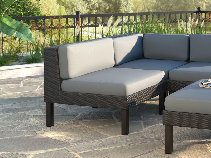 black weave Outdoor Wicker Chair with Cushions Oakland Collection lifestyle scene by CorLiving