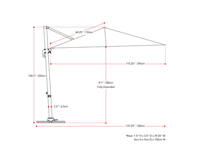 taupe offset patio umbrella, 360 degree 100 Series measurements diagram CorLiving#color_taupe