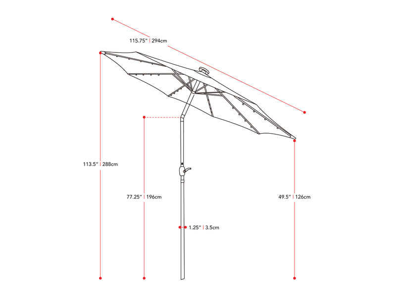 beige led umbrella, tilting Skylight Collection measurements diagram CorLiving