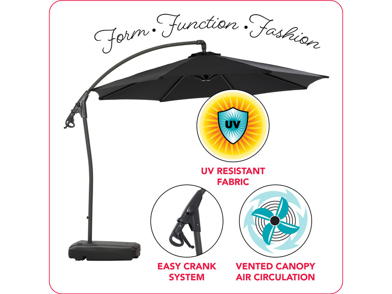 black cantilever patio umbrella with base Endure Collection infographic CorLiving