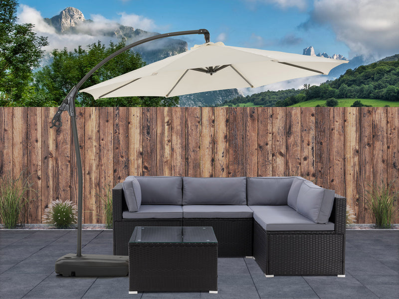 white cantilever patio umbrella with base Endure Collection lifestyle scene CorLiving