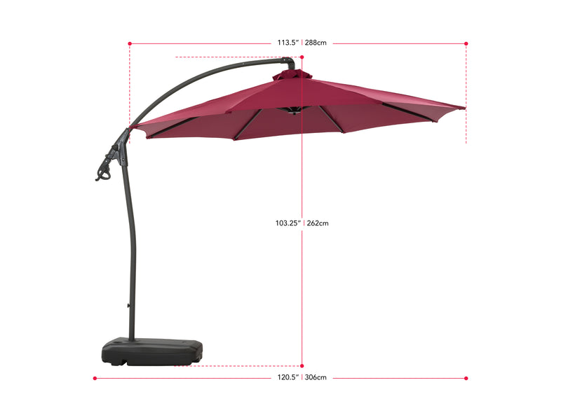 wine red cantilever patio umbrella with base Endure Collection measurements diagram CorLiving