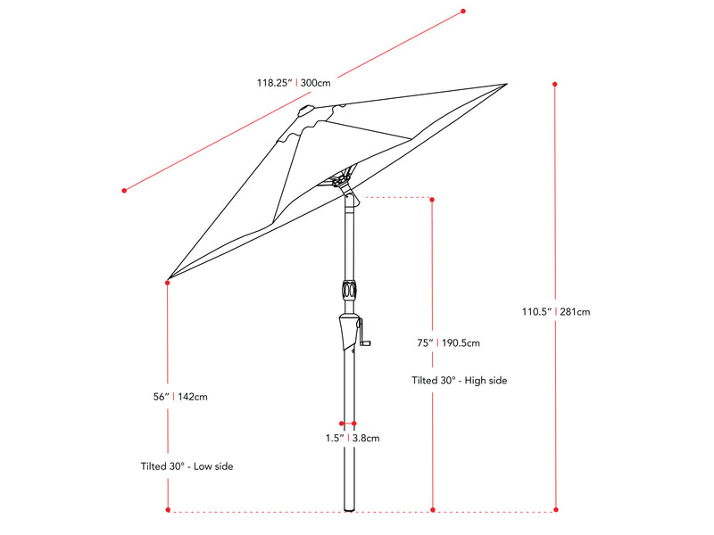 forest green large patio umbrella, tilting 700 Series measurements diagram CorLiving