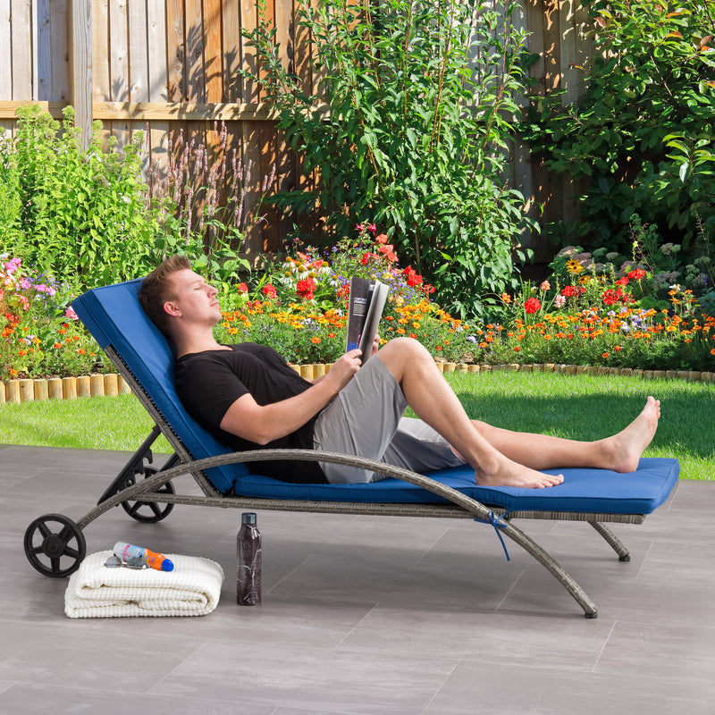 blended grey and oxford blue Outdoor Wicker Lounge Chair Parksville Collection lifestyle scene by CorLiving
