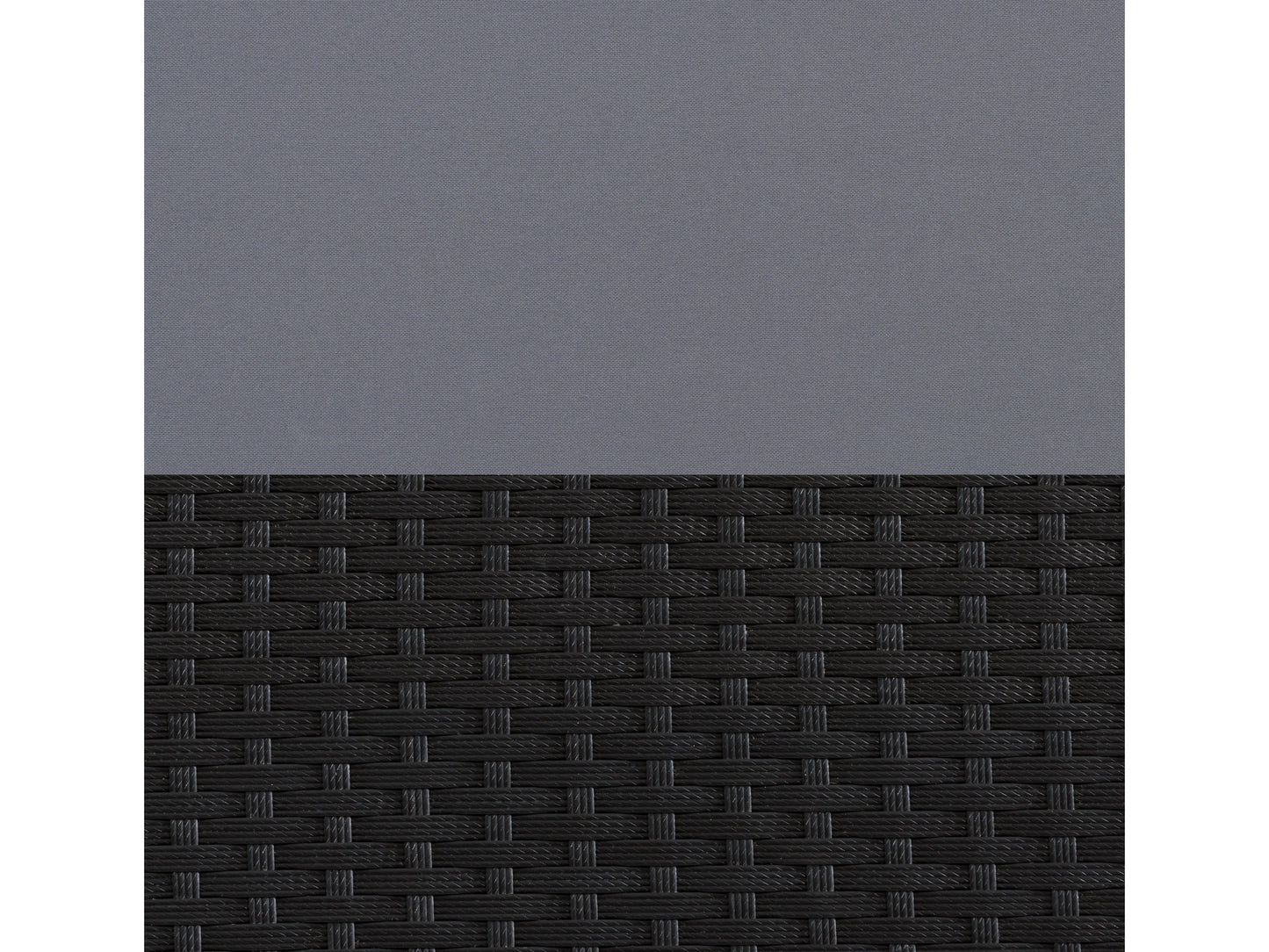 Modern gray patio sectional with plush cushions, featuring a sleek aluminum frame and woven rattan details, set in an outdoor garden space with green plants and wooden flooring.