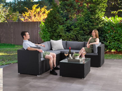 black and ash grey Patio Sectional Set, 6pc Parksville Collection lifestyle scene by CorLiving#color_black-and-ash-grey