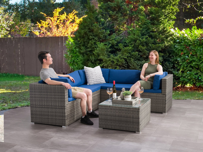 blended grey and oxford blue Patio Sectional Set, 6pc Parksville Collection lifestyle scene by CorLiving