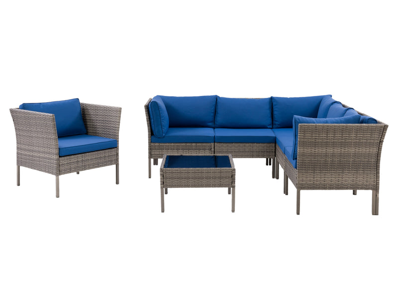 blended grey and oxford blue L Shaped Outdoor Sectional, 7pc Parksville Collection product image by CorLiving