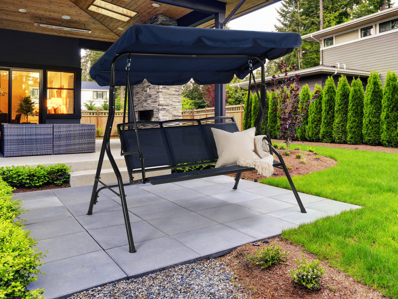 navy blue Patio Swing With Canopy Veda Collection lifestyle scene by CorLiving