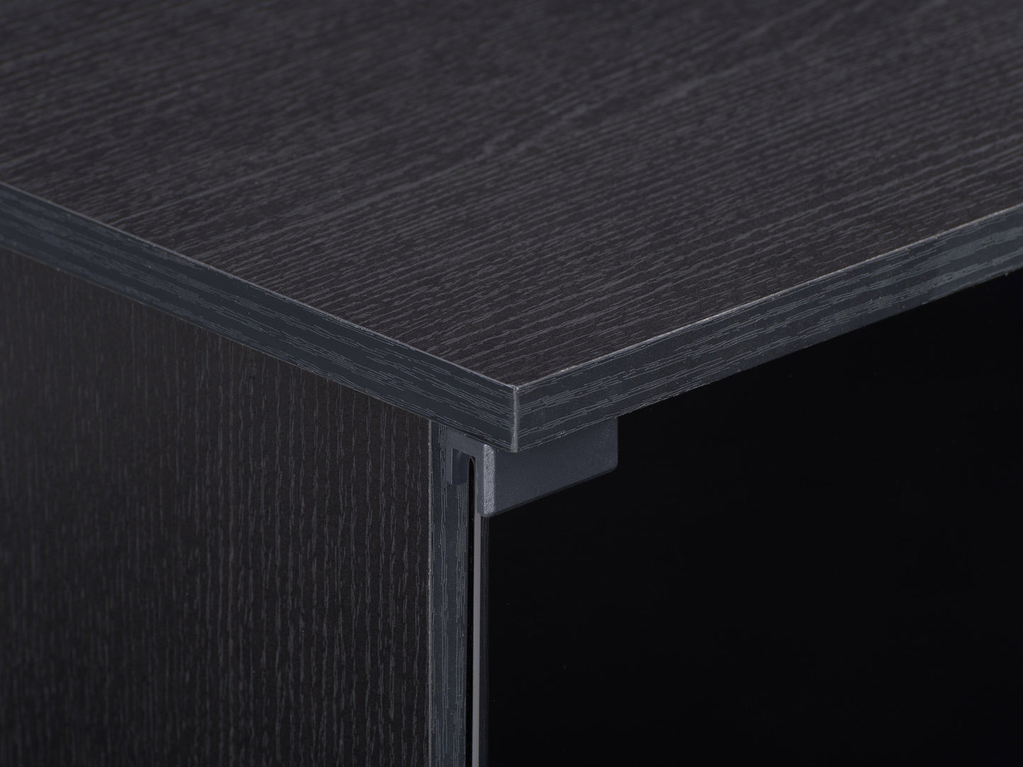 Modern wood TV stand with dark walnut finish, featuring two open shelves and two sliding glass doors, metal hardware, and a sleek, minimalist design perfect for contemporary living rooms.