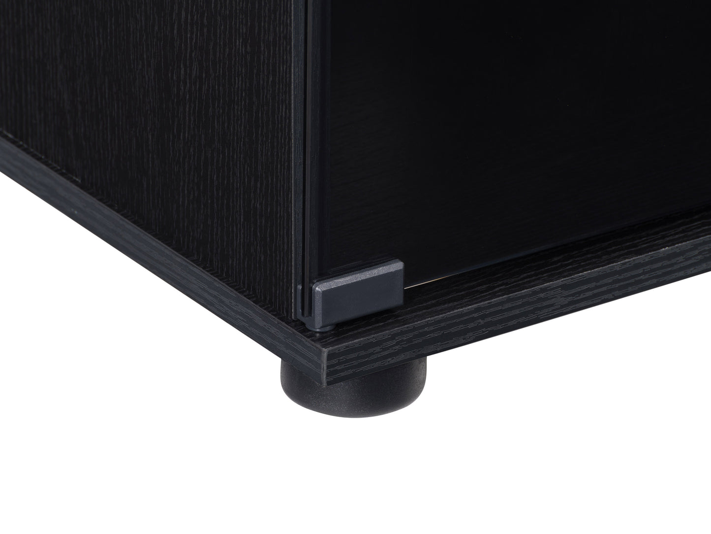 Modern TV stand with a walnut finish, featuring a sleek black metal frame, open shelving, and a minimalist design. The stand has a sturdy construction with clean lines, perfect for contemporary living rooms.