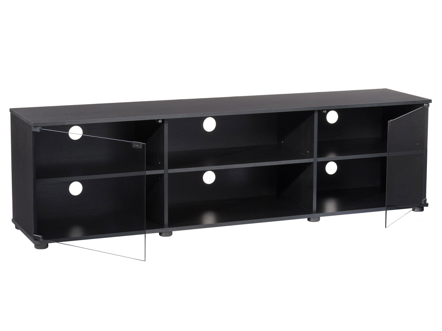 Modern wooden TV stand with two open shelves and two drawers, featuring a natural oak finish and sleek black metal legs, perfect for contemporary living rooms and media storage.
