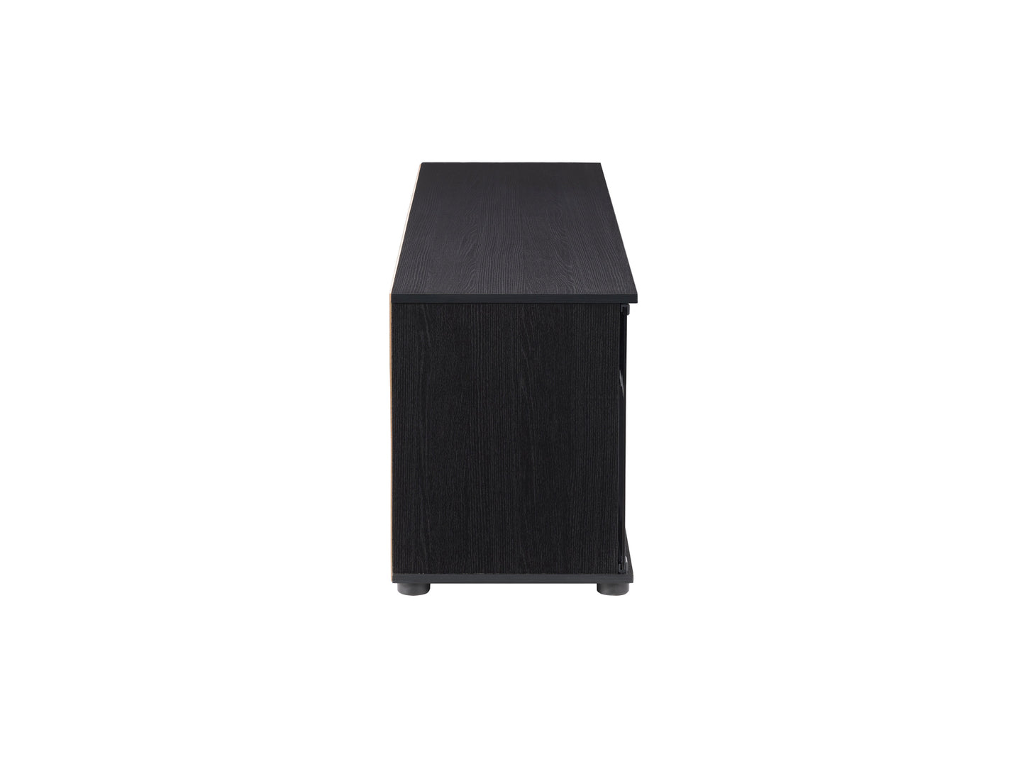 Mid-century modern TV stand with walnut finish, featuring three spacious cabinets with sleek handles, open shelving for media devices, and tapered legs for a stylish and functional living room centerpiece.