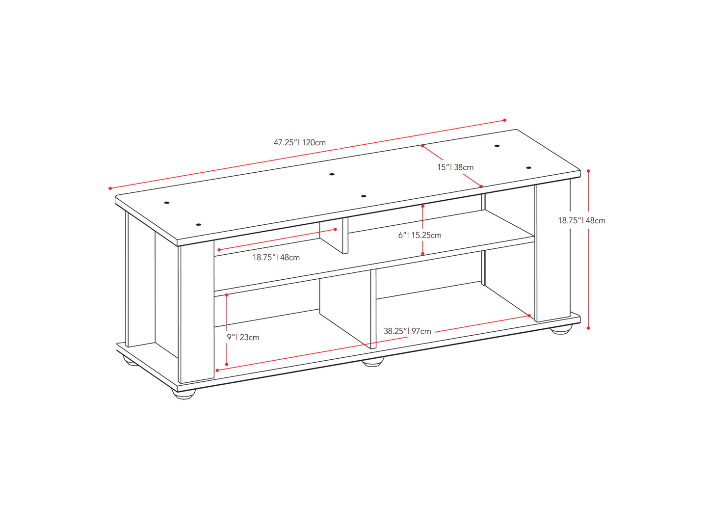 Black wood TV stand with two open shelves and two cabinets featuring metal handles, designed for TVs up to 55 inches. The stand has a sleek, modern design with a smooth finish and ample storage space.