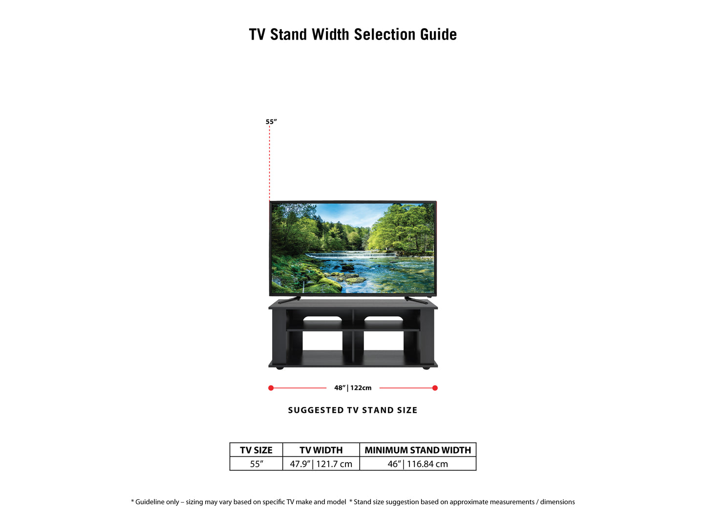 Black wood TV stand with open shelves and cabinets, sleek modern design, fits TVs up to 55 inches, perfect for living room or entertainment center.