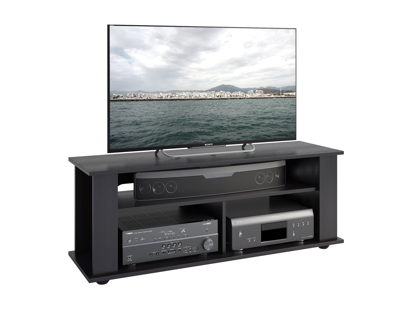 Black wood TV stand with two open shelves and two cabinets, designed for TVs up to 55 inches. Features sleek, modern design with clean lines and chrome handles, perfect for contemporary living rooms.