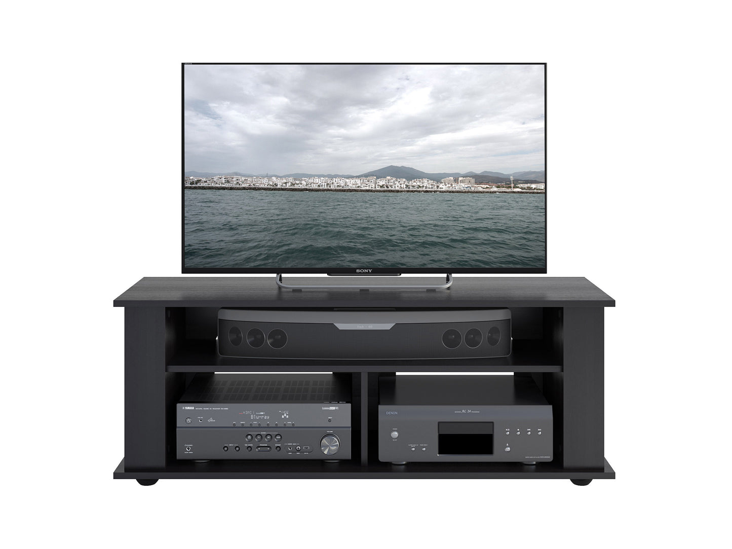 Modern wooden TV stand with walnut finish, featuring two open shelves, a central drawer, and sleek black metal legs. Ideal for contemporary living rooms, offering ample storage for media devices and accessories.