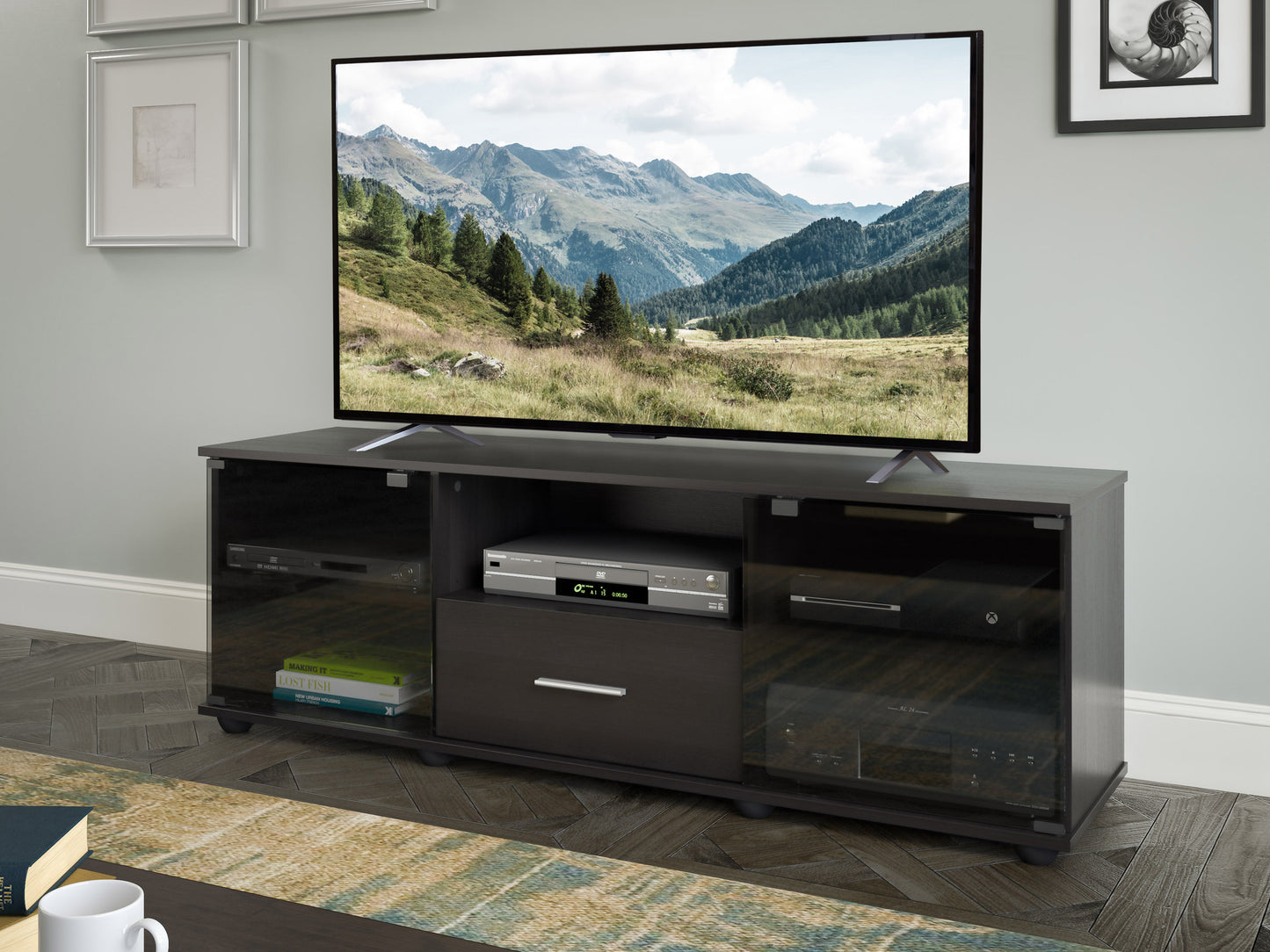 Modern wooden TV stand with open shelving and storage cabinets, featuring a sleek black finish, decorative slatted doors, and minimalist design, perfect for contemporary living rooms and media centers.