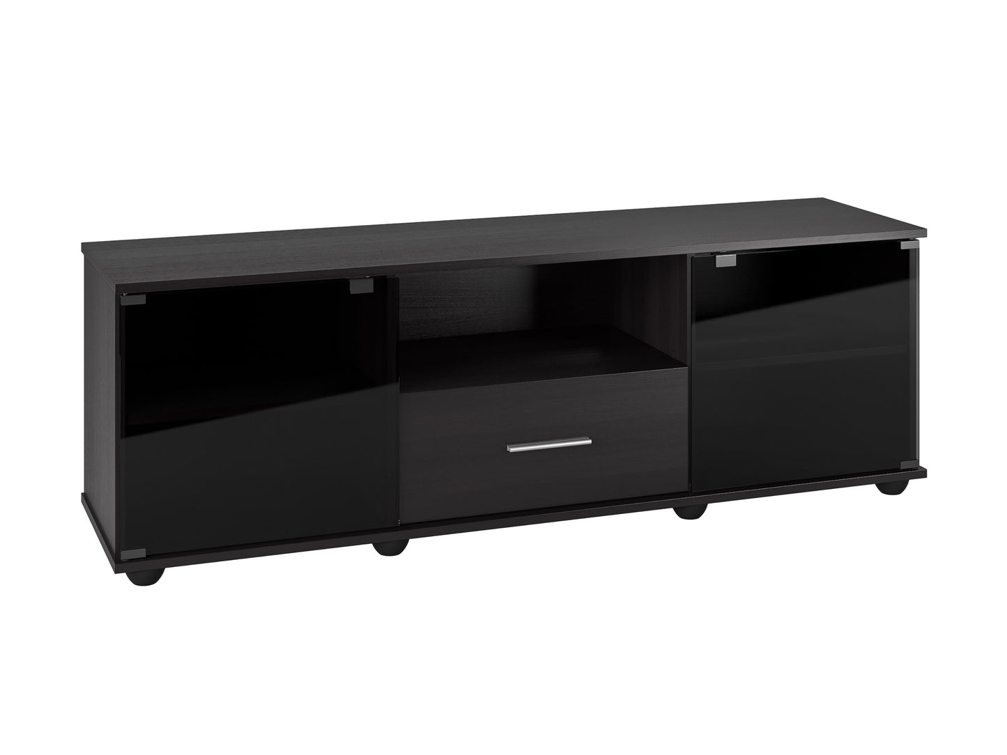 Black TV stand for TVs up to 75 inches, featuring sleek modern design with ample storage, glass doors, and metal handles. Ideal for contemporary living rooms.