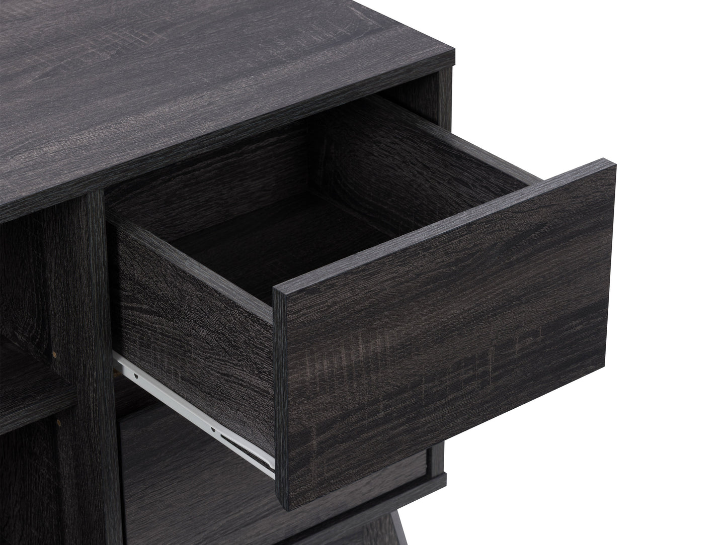 Modern TV stand with walnut finish, black metal frame, and open shelving. Features sleek lines, wood grain texture, and ample storage space for electronics and decor. Ideal for contemporary living rooms.
