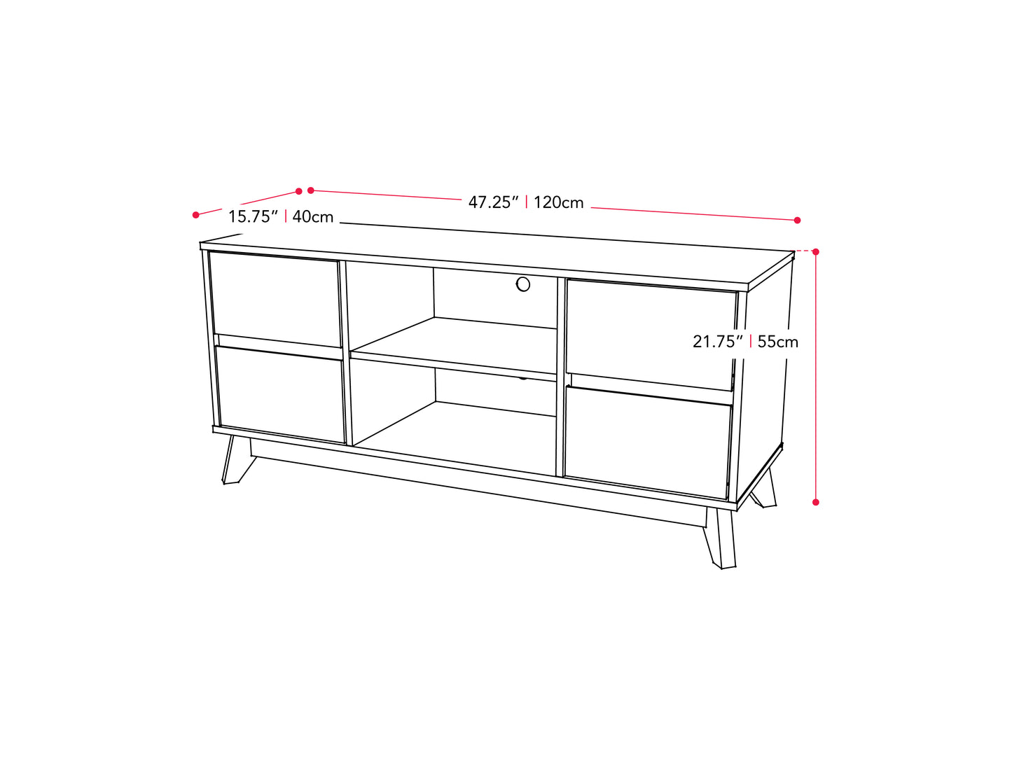 Modern wooden TV stand with two spacious cabinets, open shelving, and a sleek black finish. Features a minimalist design with clean lines, perfect for contemporary living rooms.