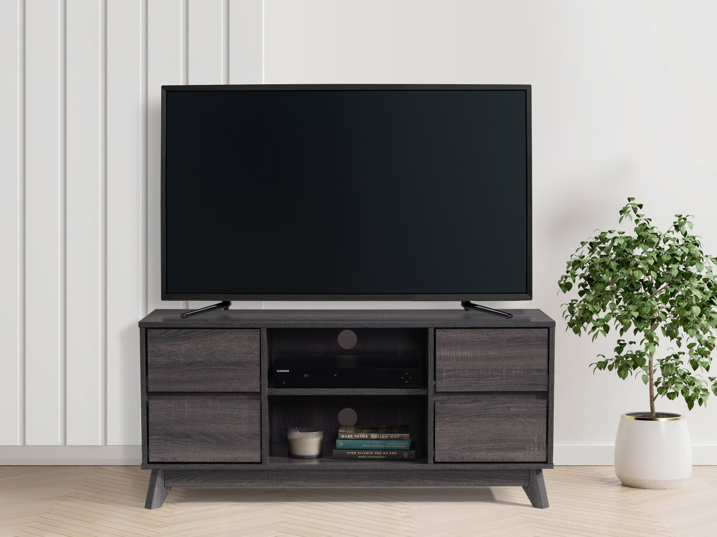Modern wooden TV stand with open shelving, two drawers, and a sleek black metal frame. Ideal for contemporary living rooms, providing ample storage and stylish display for media equipment.