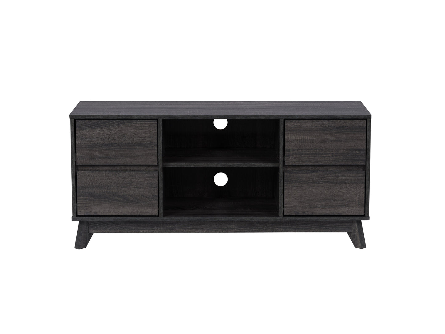 Modern wooden TV stand with walnut finish, featuring two open shelves and two sliding doors with black metal handles, perfect for living room storage and organization.