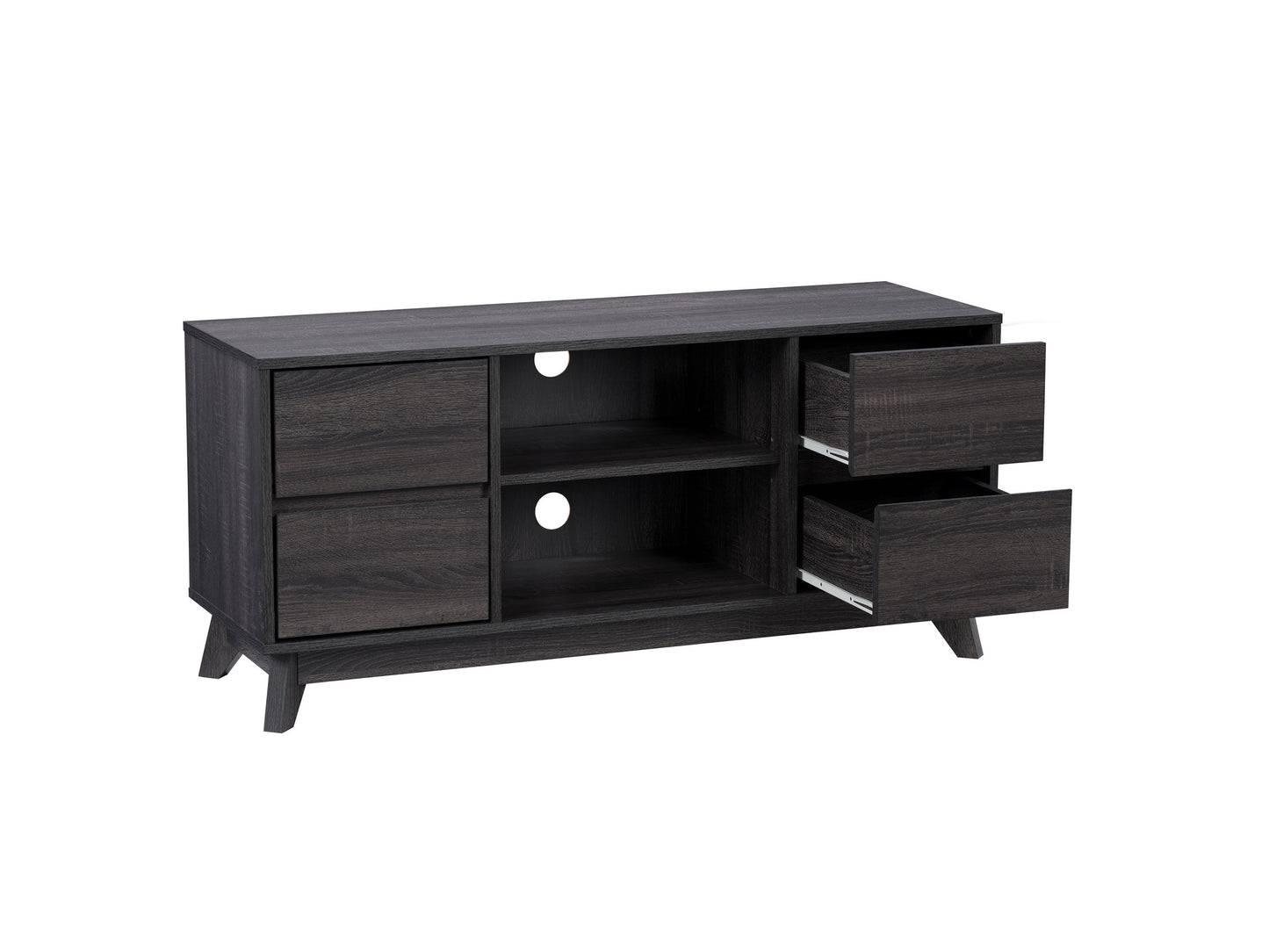 Elegant wooden TV stand with a rich brown finish, featuring two open shelves, two cabinet doors with sleek metal handles, and a sturdy design perfect for modern living rooms.