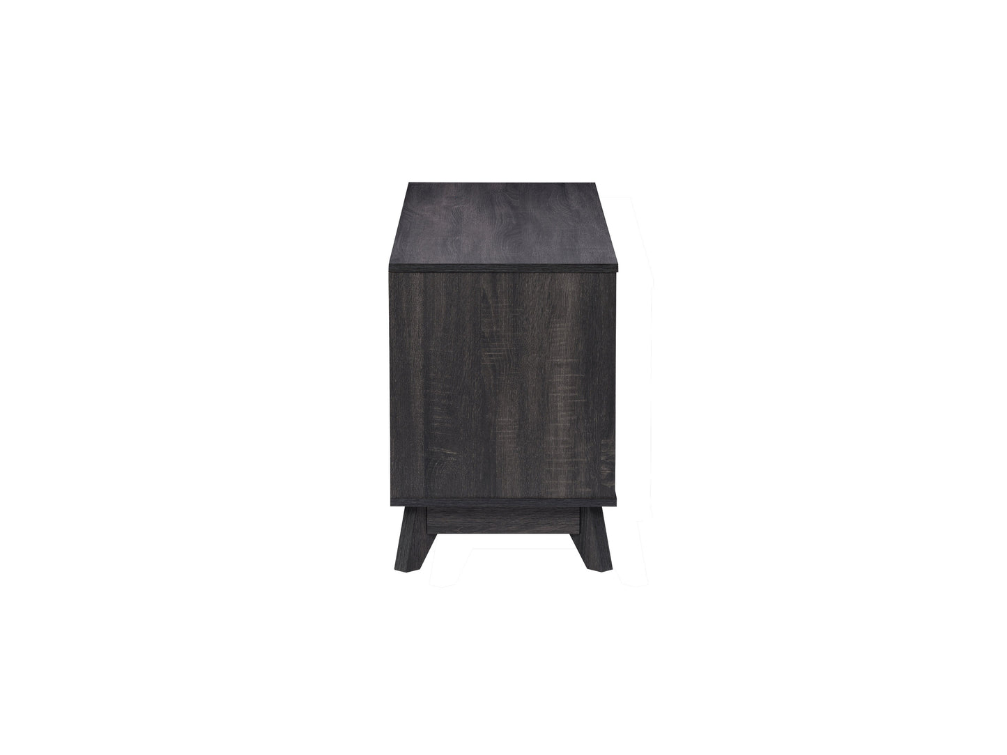 Modern black and walnut TV stand with sleek metal legs, open shelving, and two spacious cabinets for storage. Ideal for contemporary living rooms, this stylish entertainment center blends functionality with minimalist design.