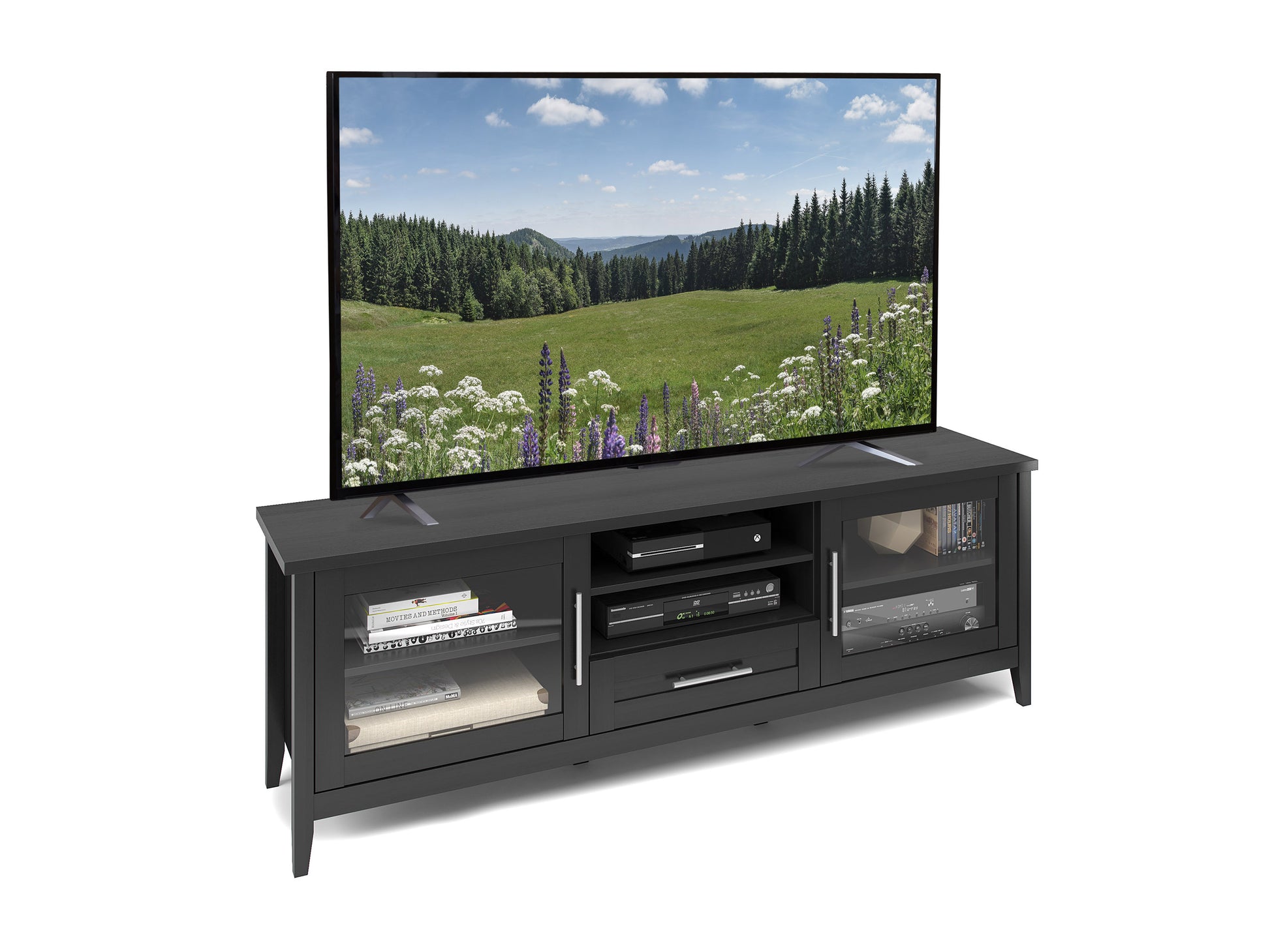 Modern TV stand with brown wood finish, two open shelves, and metal legs. Sleek design with ample storage space for media equipment and decor. Ideal for contemporary living rooms.