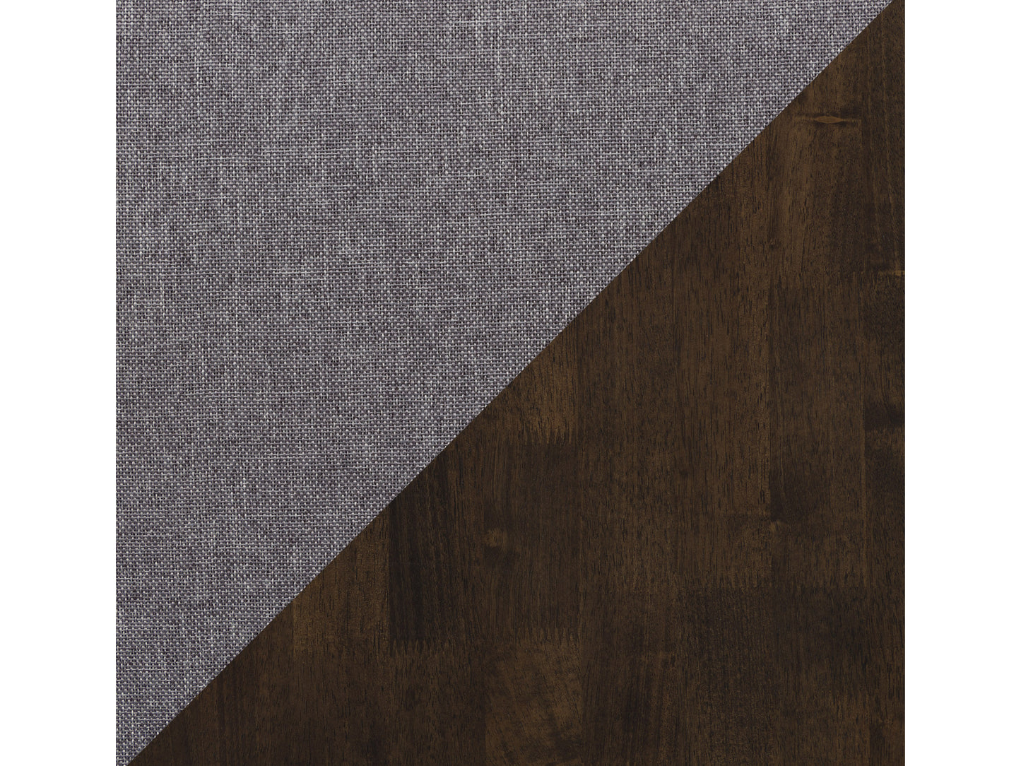 Dark wood rectangular dining table with four matching upholstered chairs featuring beige fabric and tufted backs, set on a modern gray rug in a minimalist dining room.