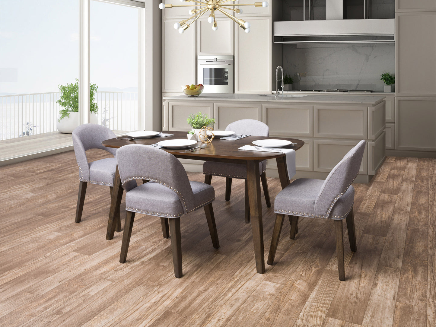 Modern dining set with a rectangular wooden table, four cushioned chairs in gray fabric, and sleek black metal legs, set in a minimalist dining room with neutral tones and contemporary decor.