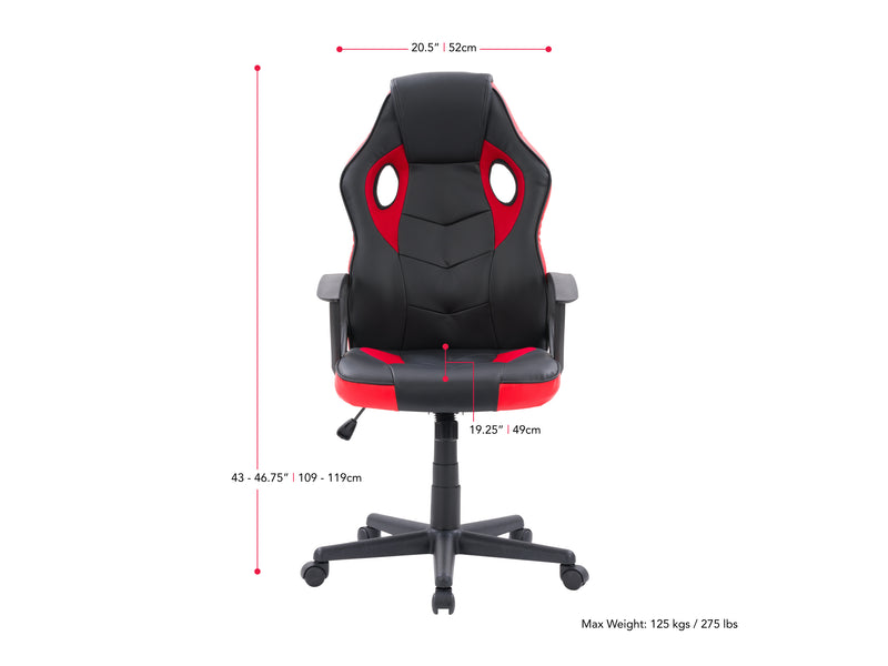 black and red Gaming Chair with Wheels Mad Dog Collection measurements diagram by CorLiving