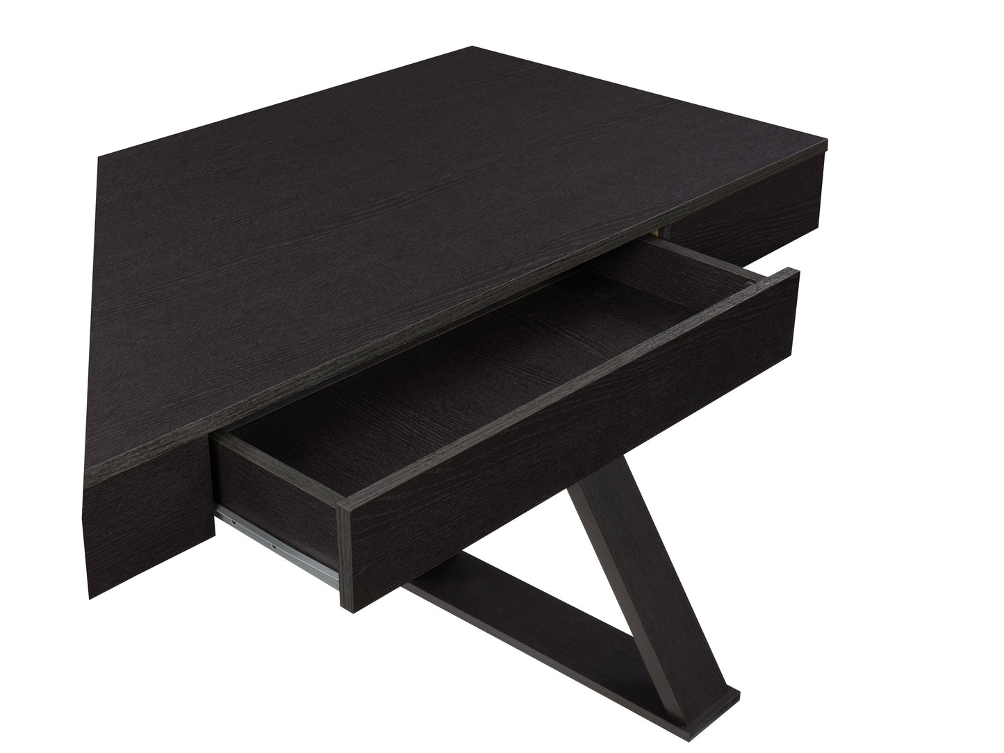 Modern wooden desk with a walnut finish, featuring sleek metal legs and two spacious drawers with metallic handles, ideal for home office or workspace.