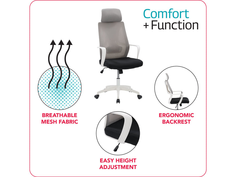 grey and black High Back Office Chair Ashton Collection infographic by CorLiving