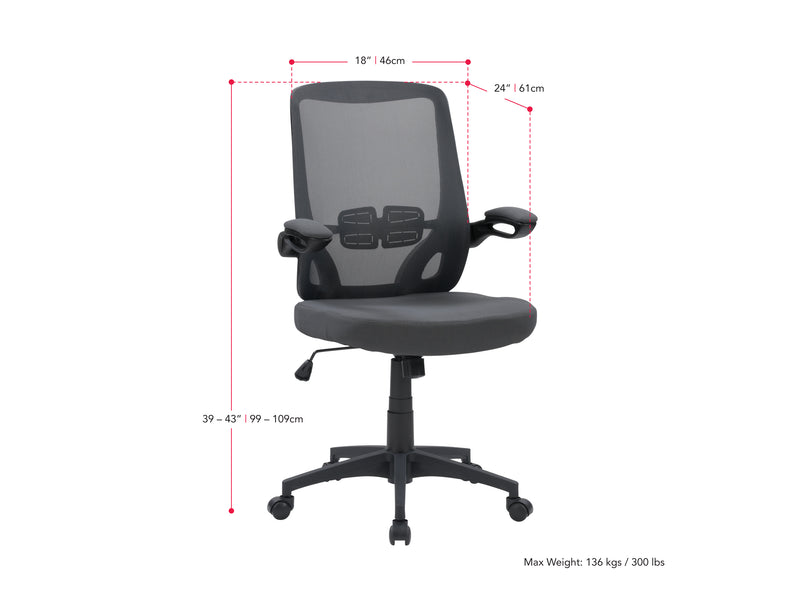 grey Mesh Office Chair Riley Collection measurements diagram by CorLiving